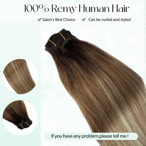 Miniatura 4 de Extensiones de cabello con pinza Valiilo, cabello humano, 70 g, 7 unidades, estilo balayage, color nogal marrón a marrón ceniza y rubio medio