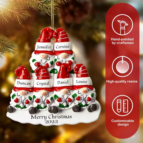 Miniatura 5 de Bemaystar Adornos personalizados de gnomos de Navidad 2024, familia de 4 adornos con nombres personalizados para árboles de Navidad