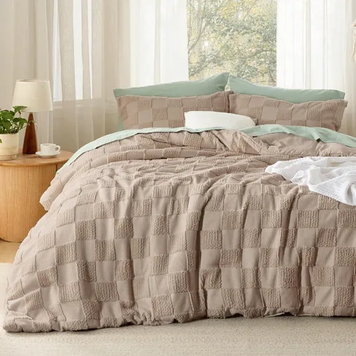 Miniatura 17 de Bedsure Juego de Edredón Tamaño Queen Beige, Juego de Cama Boho con Mechones, Ropa de Cama a Cuadros Estilo Granja Shabby Chic, 3 Piezas, 1 Edredón