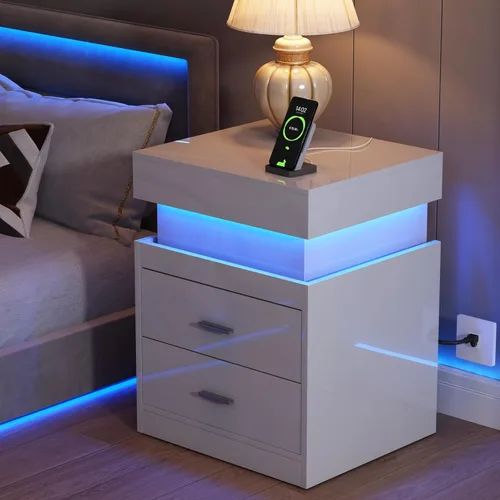 Miniatura 9 de ChooChoo Mesita de noche LED con estación de carga, mesita de noche inteligente con almacenamiento superior deslizante, mesa de noche de alto brillo