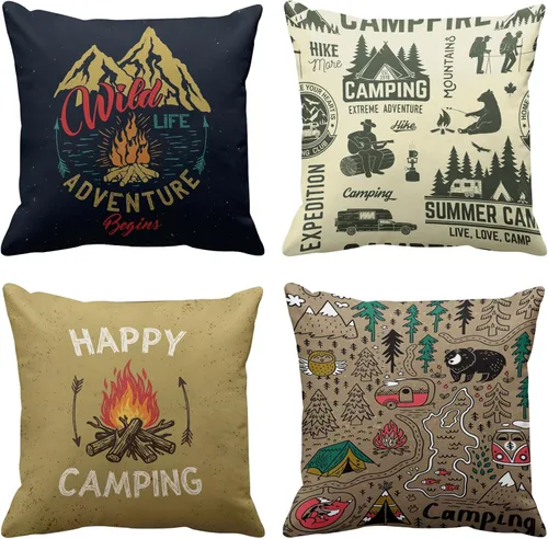Emvency Juego de 4 fundas de almohada para campamento con fogata de montaña y bosque, camping, aventura, vintage, decorativas, fundas de almohada