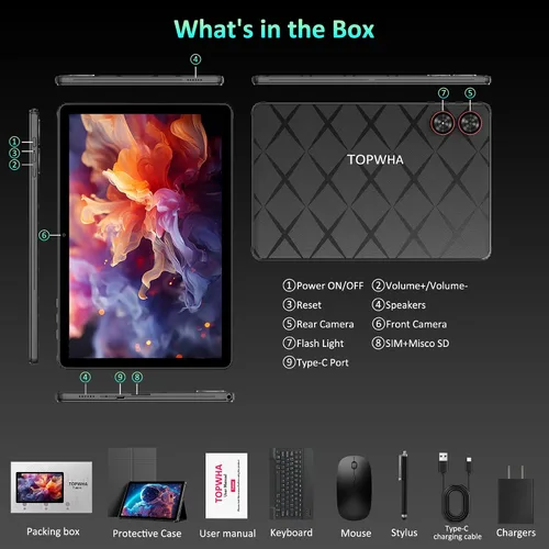 Miniatura 8 de TOPWAH - Tableta Android de 11 pulgadas con teclado, 36 GB de RAM + 256 GB de ROM (expansión de 1 TB), tabletas de pantalla ISP 2K, 8000 mAh, T606