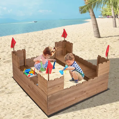 Miniatura 8 de Costzon Caja de arena para niños, pozo de arena de madera de cedro de 45 x 45 pulgadas con asientos de banco integrados, cajas de almacenamiento