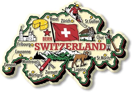 Imán de mapa de país jumbo de Suiza por Classic Magnets, recuerdos coleccionables de goma 3D estilo vintage y regalos fabricados en los Estados