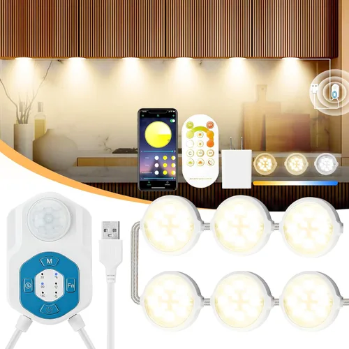 Miniatura 7 de Sensor de movimiento de luz LED para debajo del gabinete, 6 discos de 3 colores de apagado automático debajo de la encimera, luz blanca cálida