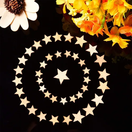 Miniatura 2 de DERAYEE 100 piezas de adornos de estrellas de madera sin terminar, piezas de madera en blanco recortadas de varios tamaños para Navidad, bodas