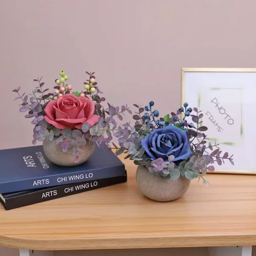 Miniatura 5 de Decoración de rosas artificiales en maceta, mini plantas de imitación para decoración de interiores, rosas falsas para el hogar, baño, cocina