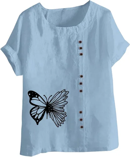 Camisa hawaiana botones Mujer Blusa Estampado mariposas Camisetas Tops Cuello Redondo Manga Corta Túnica Camiseta Lino