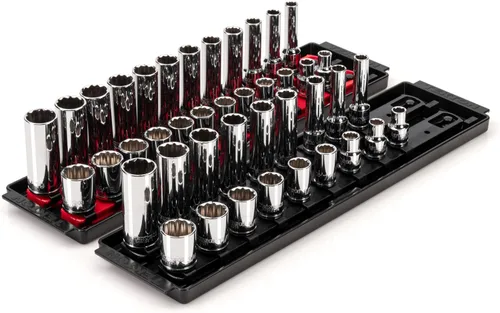TEKTON Juego de llaves de vaso de 12 puntos poco profundas y profundas de 3/8 pulgadas con rieles y bandejas, 42 piezas (5/16-3/4 pulgadas,