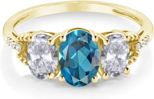 Miniatura 2 de Gem Stone King Anillo de compromiso de oro amarillo de 10 quilates con topacio azul Londres y topacio blanco para mujer piedra natal ovalada de 222