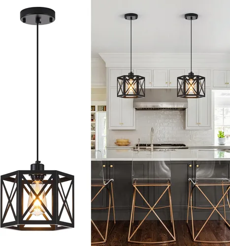 XSDeTu Paquete de 2 Luces Colgantes de Estilo Rústico, Lámpara Colgante Negra Moderna con Jaula Hexagonal, Luces de Techo de Metal Industrial, Negro