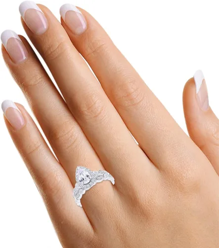 Miniatura 4 de Juego de anillos de compromiso de oro de plata de ley 925 de 1.4 quilates, anillo de compromiso con halo de diamante de moissanita