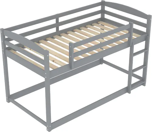 Miniatura 7 de Harper & Bright Designs Litera baja individual sobre individual, marco de cama individual de madera con escalera y barandillas, literas bajas