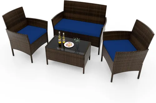 Miniatura 27 de RELAX4LIFE Juego de muebles de patio de 4 piezas – Juego de muebles de ratán para conversación al aire libre con cojines, mesa de centro de cristal