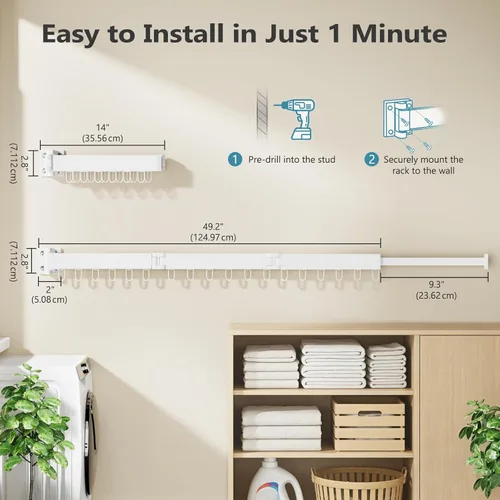 Miniatura 6 de JAUREE Tendedero para ropa montado en la pared, ahorro de espacio, plegable, plegable, retráctil, con 18 ganchos, interior/exterior, color blanco