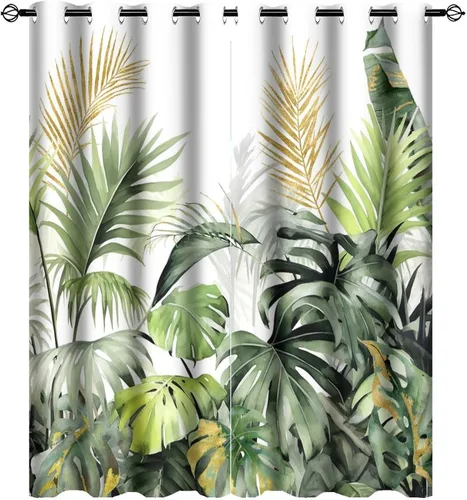 Miniatura 21 de Cortinas abstractas de hojas tropicales, acuarela tropical, hojas de palma, verano hawaiano, plátano, aislamiento térmico, cortinas completas