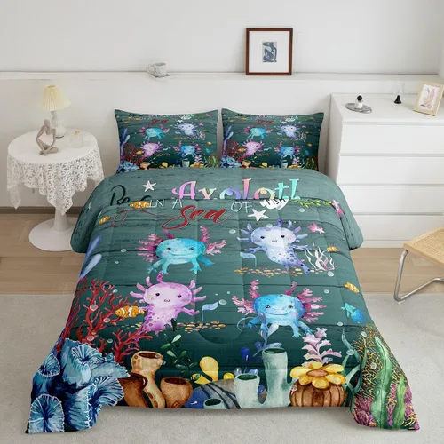 Miniatura 18 de Erosebridal Juego de edredón de ajolote rosa Kawaii Walking Fish para niños, edredón de reptil de criatura bajo el mar, arrecife de coral