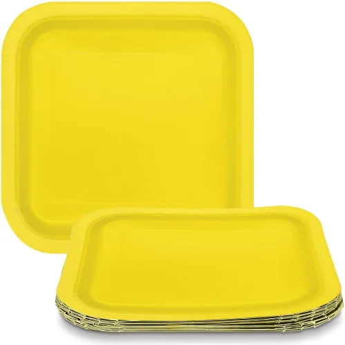 Unique Elegantes platos de postre cuadrados de papel desechables de color amarillo neón, 7 pulgadas (16 unidades), fácil de limpiar y ordenar
