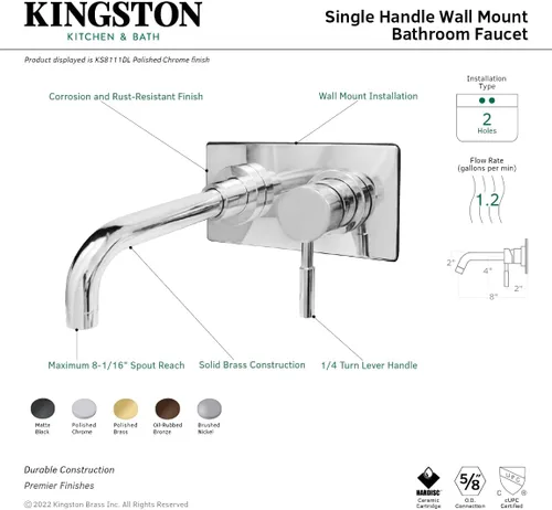 Miniatura 4 de Kingston Brass KS8112DL Grifo de baño de montaje en pared de una sola manija, latón pulido
