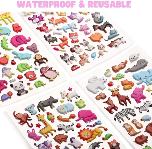 Miniatura 6 de Calcomanías 3D hinchadas para niños, reutilizables para niños pequeños, niños y niñas, 4 hojas – madre hijo, animales, perros, gatos, elefante, Zoo