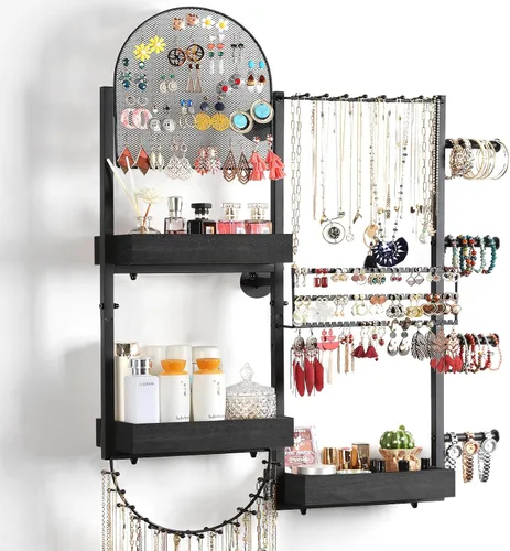 Keebofly Organizador de joyas colgante de montaje en pared, soporte de exhibición grande para aretes, anillos, collares, pulseras, relojes y Negro