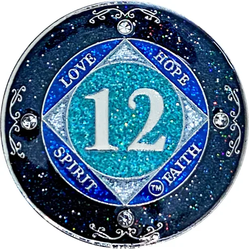 Miniatura 39 de NA 1 año de cristales y medallón de purpurina, moneda chapada en color plateado, arco iris negro, purpurina azul y cuatro cristales transparentes