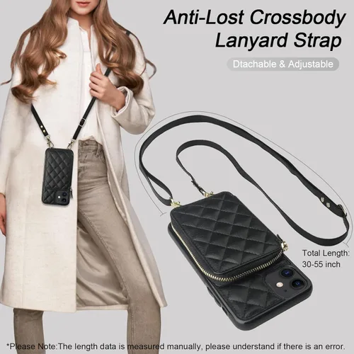 Miniatura 6 de Bocasal Funda tipo cartera cruzada para iPhone 11, con bloqueo RFID, de piel sintética, con cremallera, funda tipo cartera con función atril y Negro