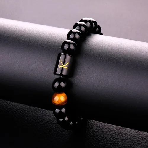 Miniatura 53 de SUMMER LOVE Regalos para el Día del Padre, pulsera con inicial de piedra de ónix negro de 0.394 pulgadas para hombres, pulsera de cuerda trenzada