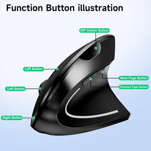 Miniatura 5 de Ratón inalámbrico vertical ergonómico, elegante, recargable, 2.4G, ratón óptico inalámbrico con receptor USB, 800/1200/1600 DPI, 5 botones para Negro