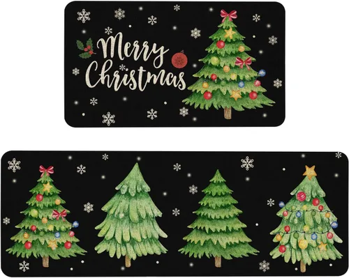 Miniatura 11 de Mloabuc Juego de 2 tapetes de cocina con texto en inglés "Merry Christmas", antifatiga, impermeables, resistentes a las manchas, color azul, Navidad