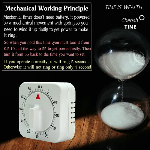 Miniatura 6 de Temporizador de cocina mecánico cuadrado de 60 minutos, temporizador de cocción visual fácil de usar con imán fuerte y alarma fuerte, temporizador