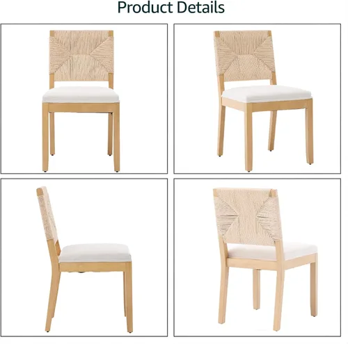 Miniatura 8 de Juego de 2 sillas de comedor de campo francés, sillas de comedor de madera de granja beige, silla de comedor con respaldo tejido con cojín tapizado
