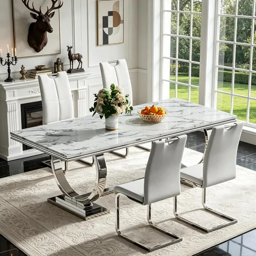Miniatura 10 de 5 Piece Black Marble Dining Table Set for 4, Modern Faux Marble Kitchen Dining Room Tables with 4 Leather Chairs Set, 68.11" Luxury Rectangular