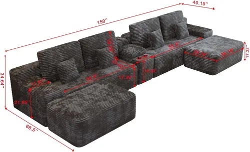 Miniatura 2 de KEIKI 150" Sofá seccional modular de gamuza en forma de U extragrande con 2 otomanos y consola multifuncional, sofá tapizado de 6 plazas con USB y 2