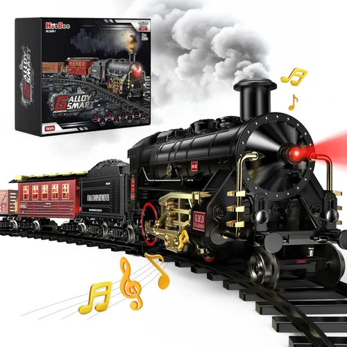 Set de trenes Hot Bee - Juguetes de trenes de aleación para niños con vagón brillante y silencioso, tren de juguete con humo, luces y sonido, tren