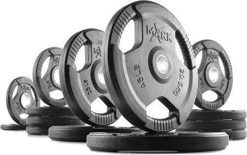 Miniatura 8 de XMARK TRI-GRIP - Par o juego de discos de peso olímpicos, pesas de ejercicio con revestimiento de goma para barra olímpica, juego de pesas