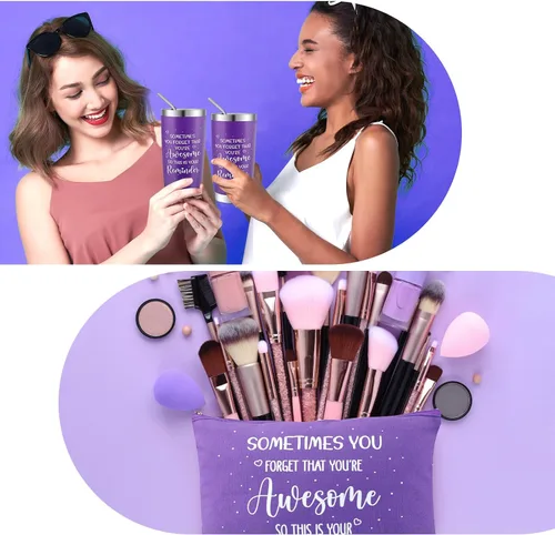 Miniatura 5 de Zhehao Juego de 3 regalos de cumpleaños morados para mujeres, set de regalos inspiradores de 20 onzas, con texto en inglés "You Are Awesome ", bolsa