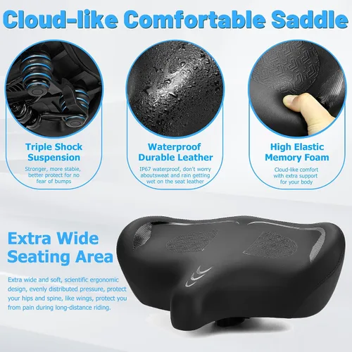 Miniatura 3 de CDYWD Asiento de bicicleta de gran tamaño para hombres y mujeres, cojín de asiento de bicicleta extra ancho, cómodo acolchado de ala, sillín