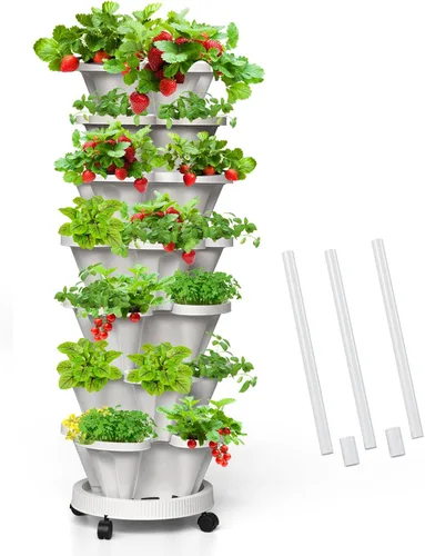 Miniatura 9 de Macetas verticales de fresa, paquete de 2 unidades, torre apilable de 5 niveles con poste de soporte, macetas apilables para hierbas y verduras