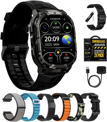 Pulsera inteligente Carbinox Vortex con banda de metal, cargador, vidrio templado (paquete de 2), correas resistentes, rastreador de fitness