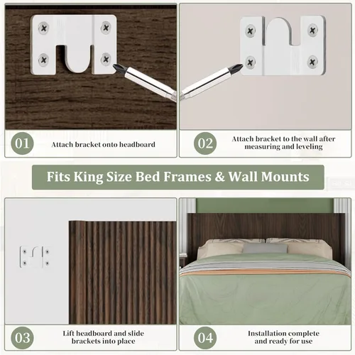 Miniatura 5 de Cabecera tamaño King solamente, moderno tablero acanalado montado en la pared con iluminación, cabecera de cama de madera bohemia elegante