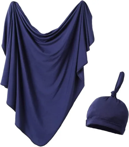 Miniatura 17 de Juego de manta de algodón de punto para bebé con gorro y diadema para recién nacido, mantas de recepción para bebé, niña y niño, 35 x 35 pulgadas