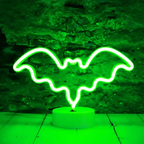 Miniatura 10 de Luces LED de murciélago de neón moradas, letreros de neón en forma de murciélago, luces nocturnas a pilas, lámpara de mesa de escritorio