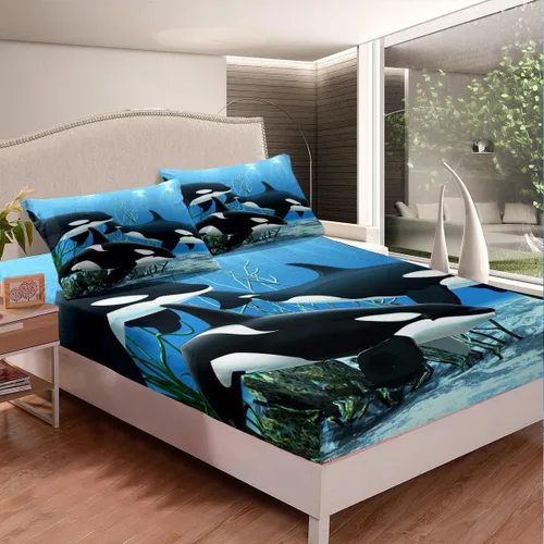 Miniatura 4 de Erosebridal Juego de ropa de cama de orca asesina Orcinus Orcas, sábana bajera ajustable de medusas del mundo submarino para niños y niñas, animales