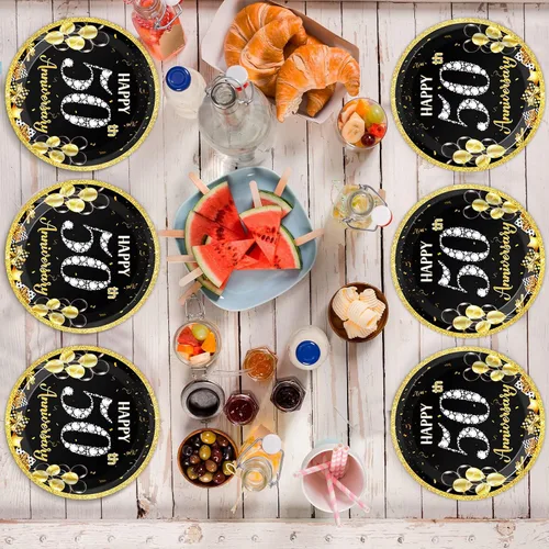 Miniatura 4 de Qyeahkj Juego de 48 platos para fiesta de 50 aniversario, carrera de empleados, boda, fiesta de 50 aniversario, color dorado y negro, desechable