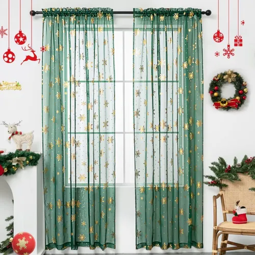 Miniatura 15 de Cortinas traslúcidas de Navidad para sala de estar, cortinas transparentes con estampado de copos de nieve de lujo, cortinas con bolsillo