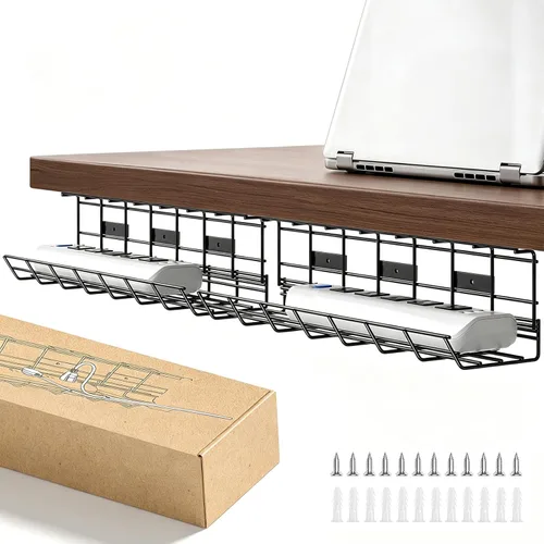 Delamu - Paquete de 2 bandejas de gestión de cables para debajo del escritorio, organizador de cables de metal para escritorio, fácil de instalar,