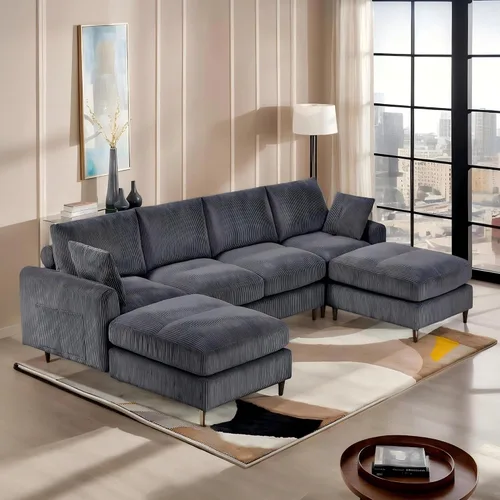 Miniatura 10 de Anwick Sofá modular en forma de L de 117 pulgadas, moderno sofá modular de pana con otomana movible de 5 asientos, sofás seccionales convertibles