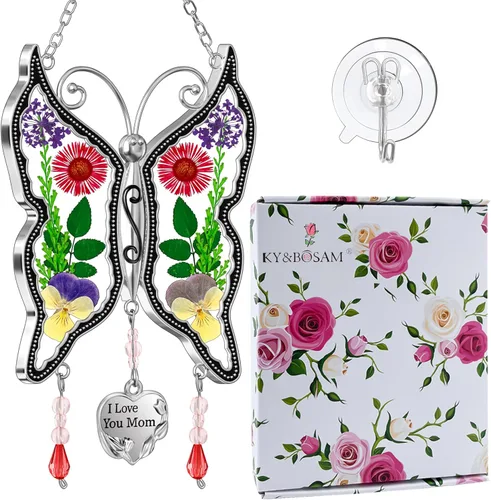 Miniatura 16 de KY&BOSAM - Atrapasoles de mariposa para mamá, regalos de cristal para ventanas, carillón de viento con alas de flores prensadas auténticas con dije