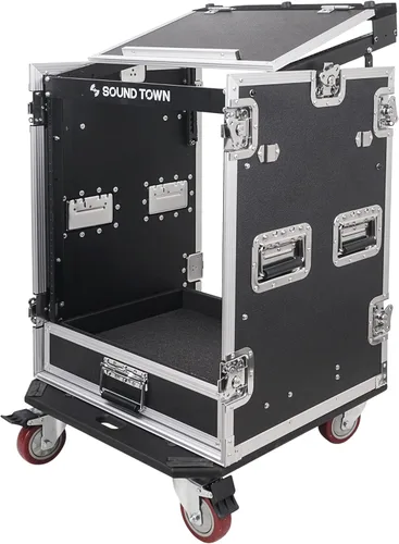 Miniatura 3 de Sound Town 14U PA DJ Caja de rack/ruta ATA para audio profesional con cajón de 2U, parte superior inclinada de mezclador de 11U, mesa de trabajo